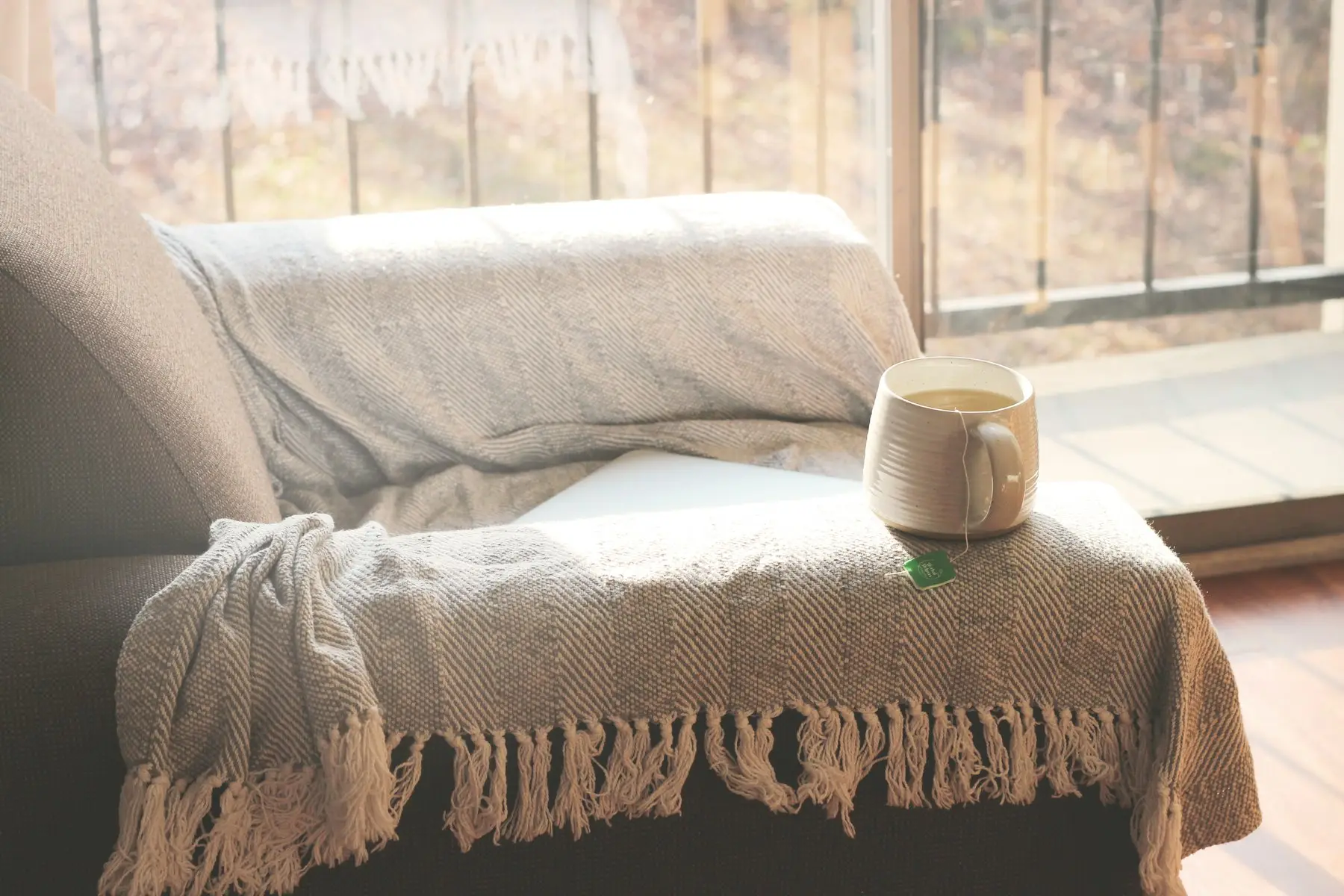 Un jeté à franges et une tasse sur un canapé près de la fenêtre
